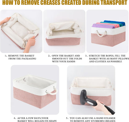 Storage Bins with Sturdy Cotton Handles(1 Pack), Fabric Storage Baskets for Organizing use for Office & Home, Book, Clothes, Toys, Closet Boxes (Small, Pink-White, 12.2x8.3x6.3 inches)