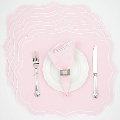 Cotton Linen Scalloped & Embroidered Placemats Set of 4, Light Pink