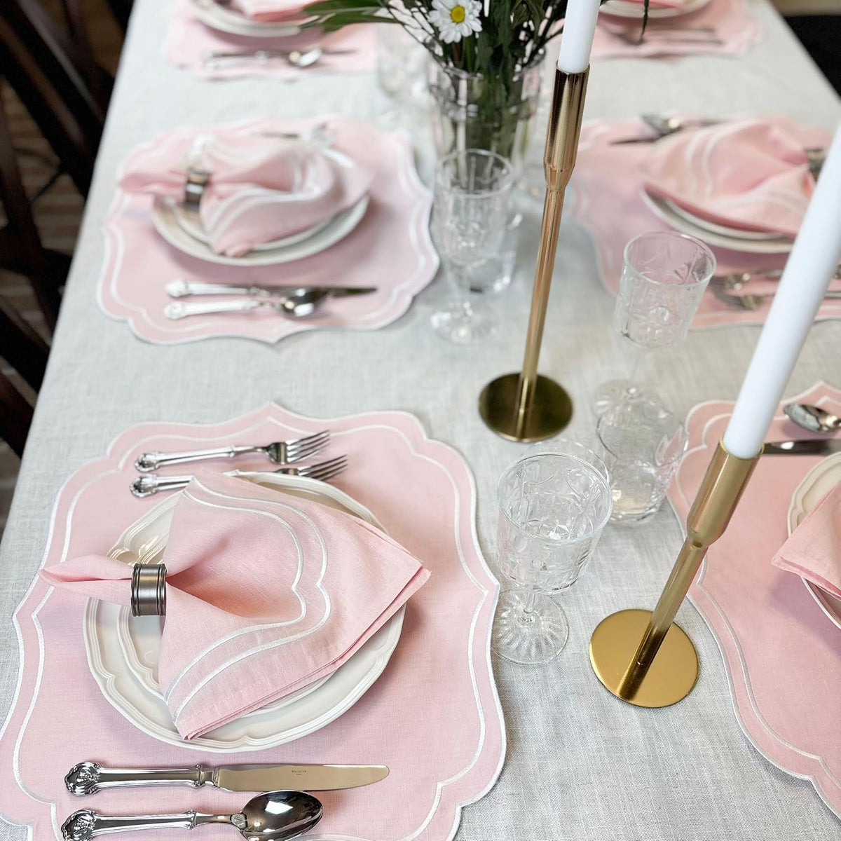 Cotton Linen Scalloped & Embroidered Placemats Set of 4, Light Pink