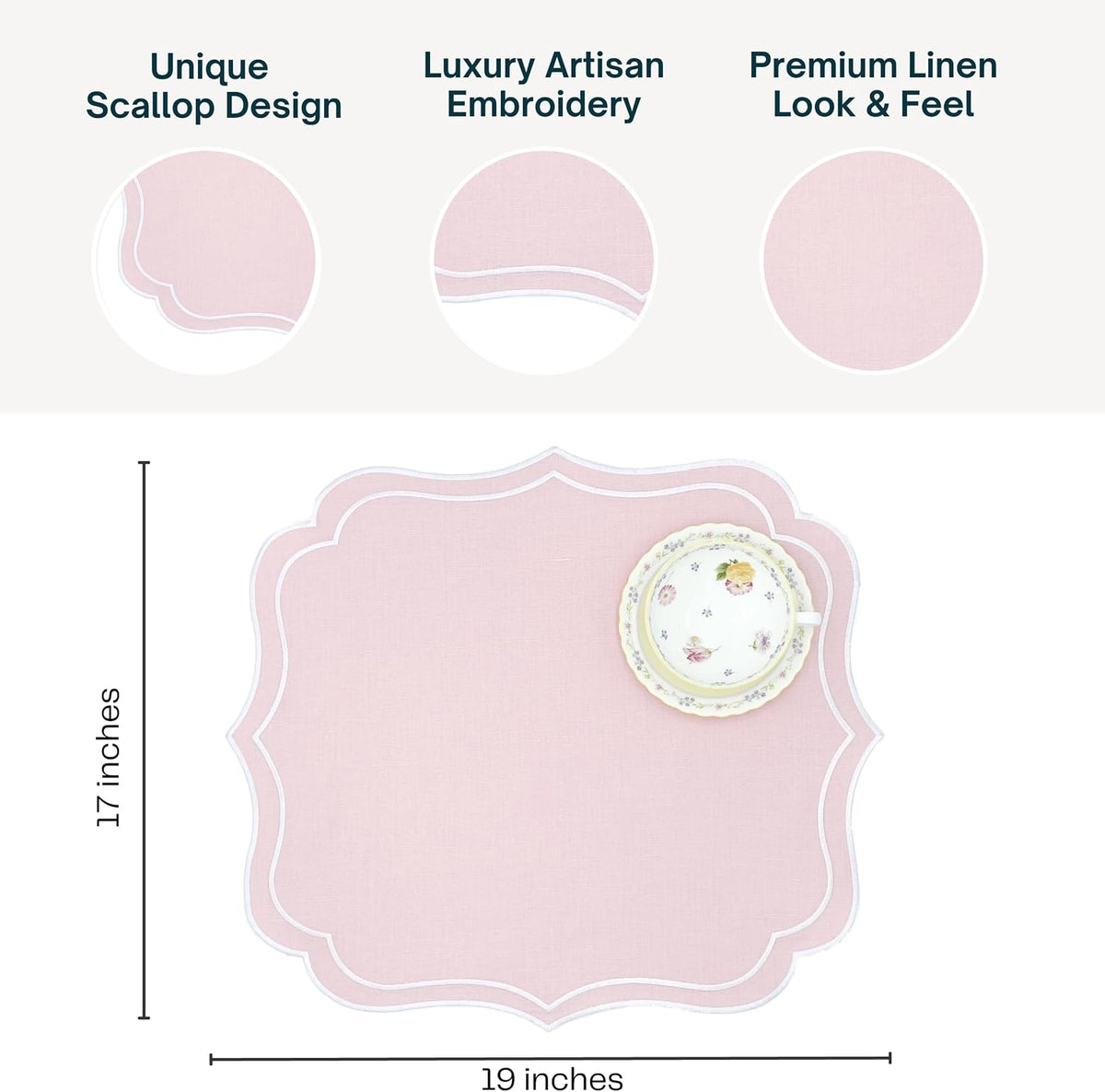 Cotton Linen Scalloped & Embroidered Placemats Set of 4, Light Pink