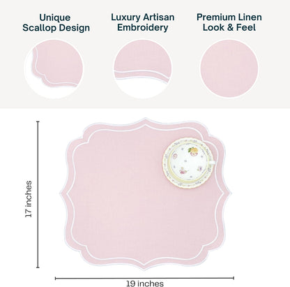 Cotton Linen Scalloped & Embroidered Placemats Set of 4, Light Pink
