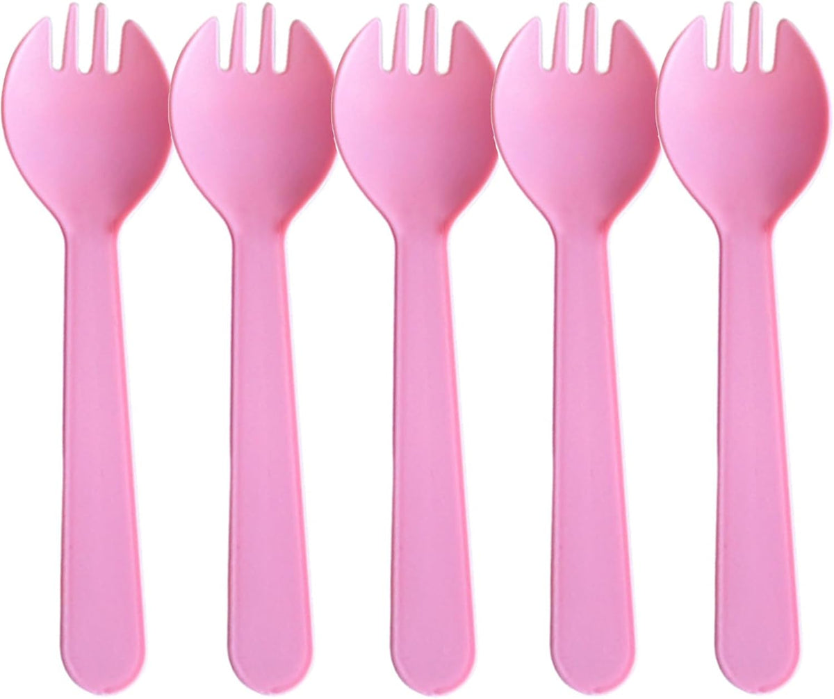 100PCS Disposable Plastic Sporks, Individually Wrapped Forks for Ice Cream, Cake, 4.2 Inch Mini Spoons and Sporks for Desserts, Yogurt, Fruit, Salad （Pink）