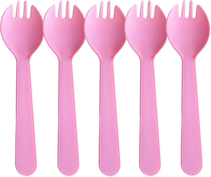 100PCS Disposable Plastic Sporks, Individually Wrapped Forks for Ice Cream, Cake, 4.2 Inch Mini Spoons and Sporks for Desserts, Yogurt, Fruit, Salad （Pink）