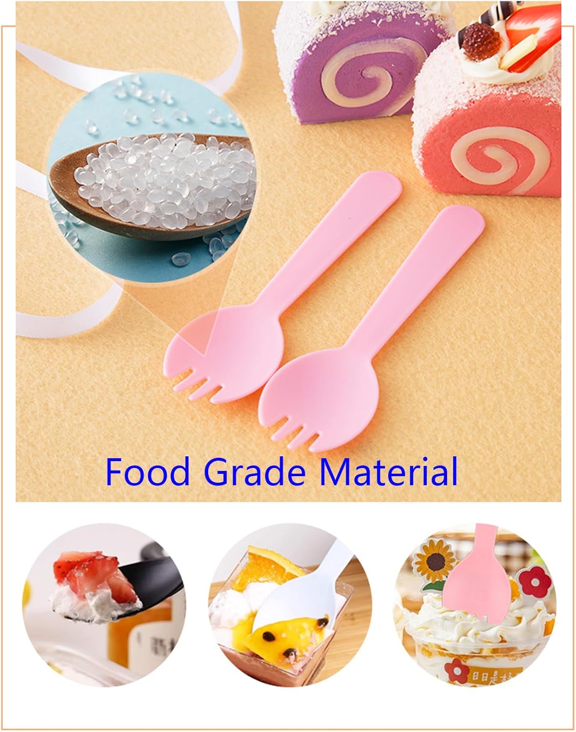 100PCS Disposable Plastic Sporks, Individually Wrapped Forks for Ice Cream, Cake, 4.2 Inch Mini Spoons and Sporks for Desserts, Yogurt, Fruit, Salad （Pink）