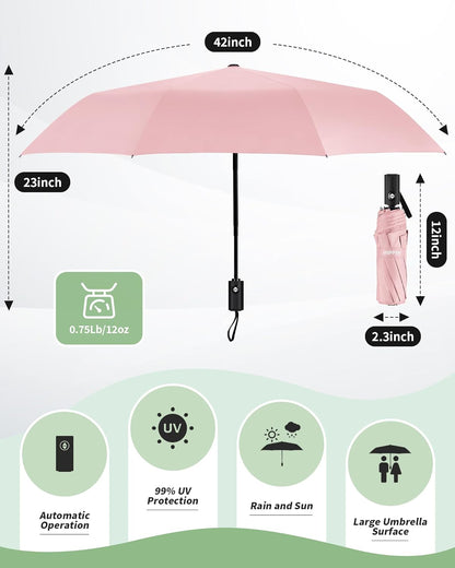 Compact Travel Umbrella for Rain - Windproof Automatic Umbrellas, UV Umbrella for Sun Protection with Black Anti-UV Coating, Portable Small Umbrellas for Backpack, Car, Walking, Kids, Women