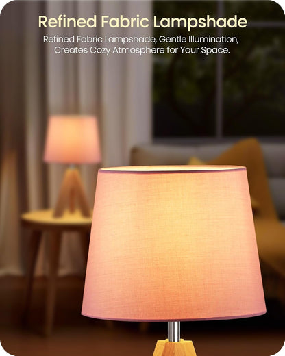 Pink Table Lamp, Small Tripod Table Lamp, Boho Bedside Lamp with Pink Linen Shade & Wood Base, Modern Nightstand Lamps, Little Cute Desk Lamp for Girls Room, Kids Room, Bedroom, P51TL05