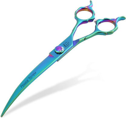 Dog Grooming Scissors: 7" Straight Pet Shears Skeletonized blade Made Of Japanese 440C for Trimming Dogs Cats and Other Pets Green (Curved G, 7")