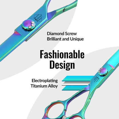 Dog Grooming Scissors: 7" Straight Pet Shears Skeletonized blade Made Of Japanese 440C for Trimming Dogs Cats and Other Pets Green (Curved G, 7")
