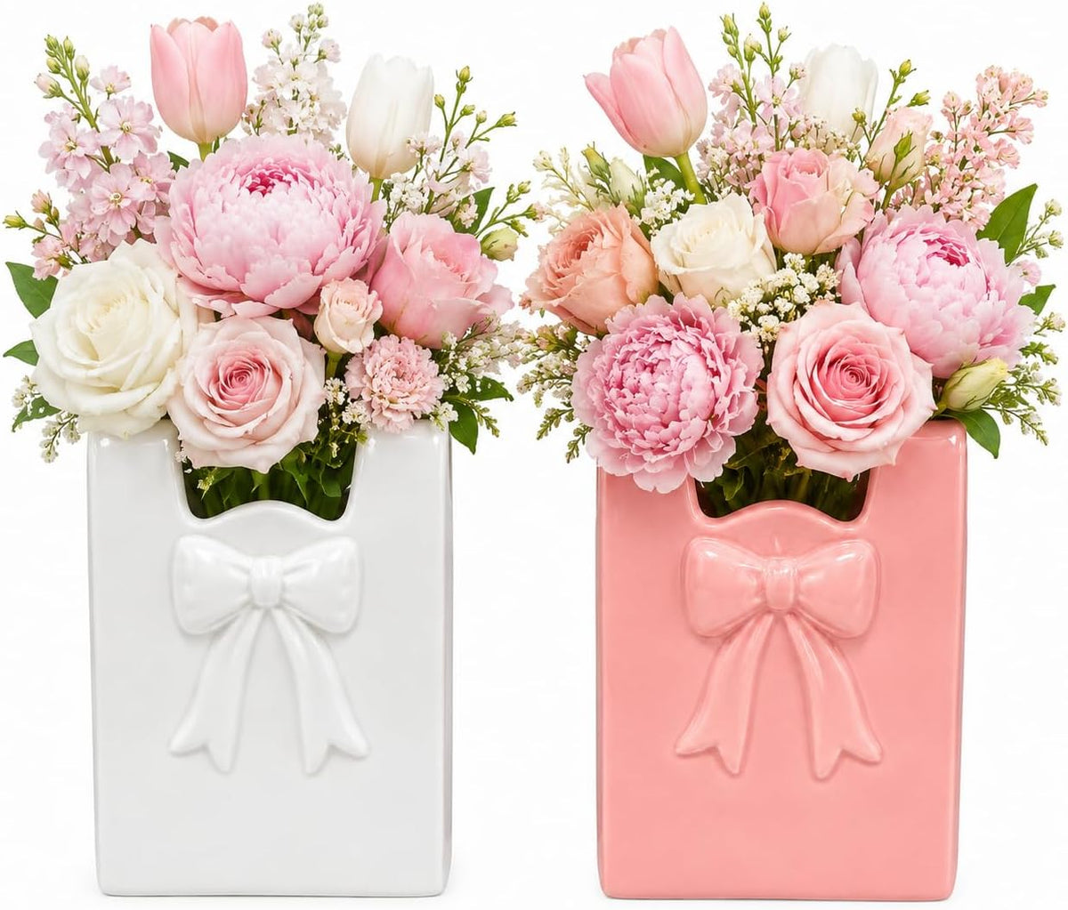2 Pcs Ceramic Purse Vase Set, 5.5 x 4.3 in Handbag Vase with 3D Bowknot Design, Decorative Ceramic Vases for Home Decor, Pink and White Bow Accent for Office Desktop Bookshelf Wedding Gift