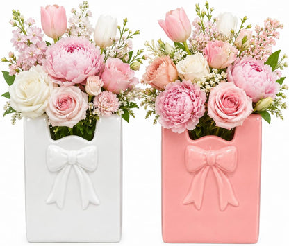 2 Pcs Ceramic Purse Vase Set, 5.5 x 4.3 in Handbag Vase with 3D Bowknot Design, Decorative Ceramic Vases for Home Decor, Pink and White Bow Accent for Office Desktop Bookshelf Wedding Gift