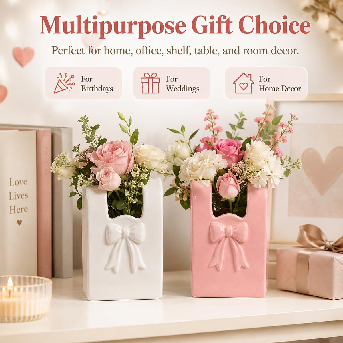 2 Pcs Ceramic Purse Vase Set, 5.5 x 4.3 in Handbag Vase with 3D Bowknot Design, Decorative Ceramic Vases for Home Decor, Pink and White Bow Accent for Office Desktop Bookshelf Wedding Gift