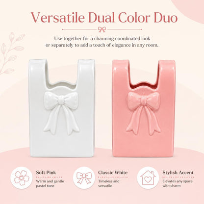 2 Pcs Ceramic Purse Vase Set, 5.5 x 4.3 in Handbag Vase with 3D Bowknot Design, Decorative Ceramic Vases for Home Decor, Pink and White Bow Accent for Office Desktop Bookshelf Wedding Gift