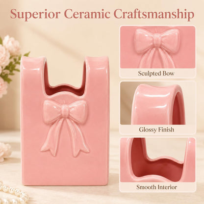 2 Pcs Ceramic Purse Vase Set, 5.5 x 4.3 in Handbag Vase with 3D Bowknot Design, Decorative Ceramic Vases for Home Decor, Pink and White Bow Accent for Office Desktop Bookshelf Wedding Gift