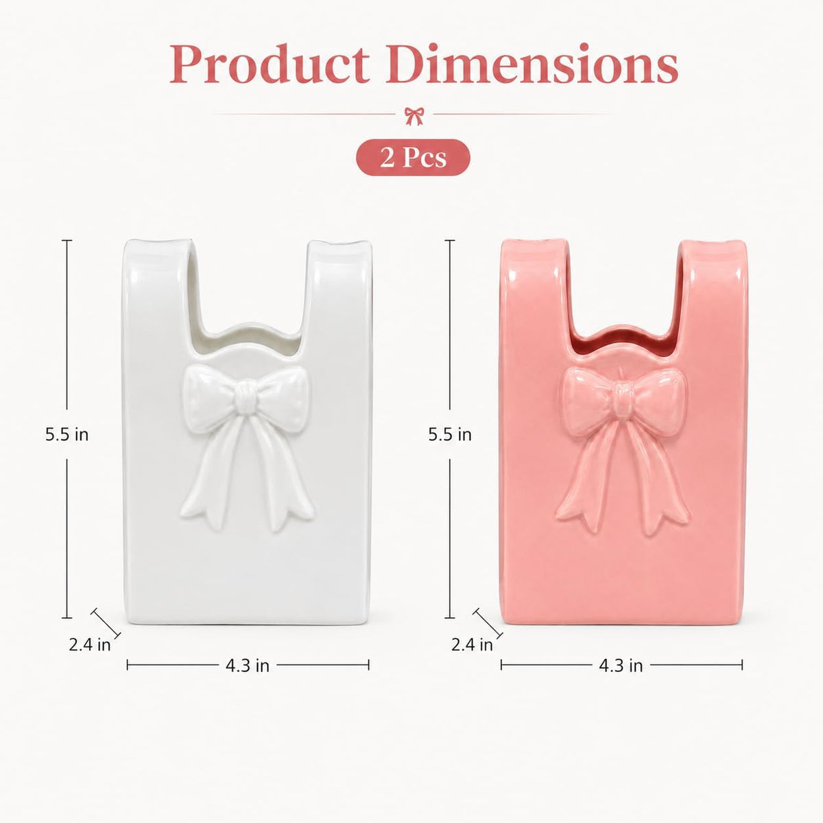 2 Pcs Ceramic Purse Vase Set, 5.5 x 4.3 in Handbag Vase with 3D Bowknot Design, Decorative Ceramic Vases for Home Decor, Pink and White Bow Accent for Office Desktop Bookshelf Wedding Gift
