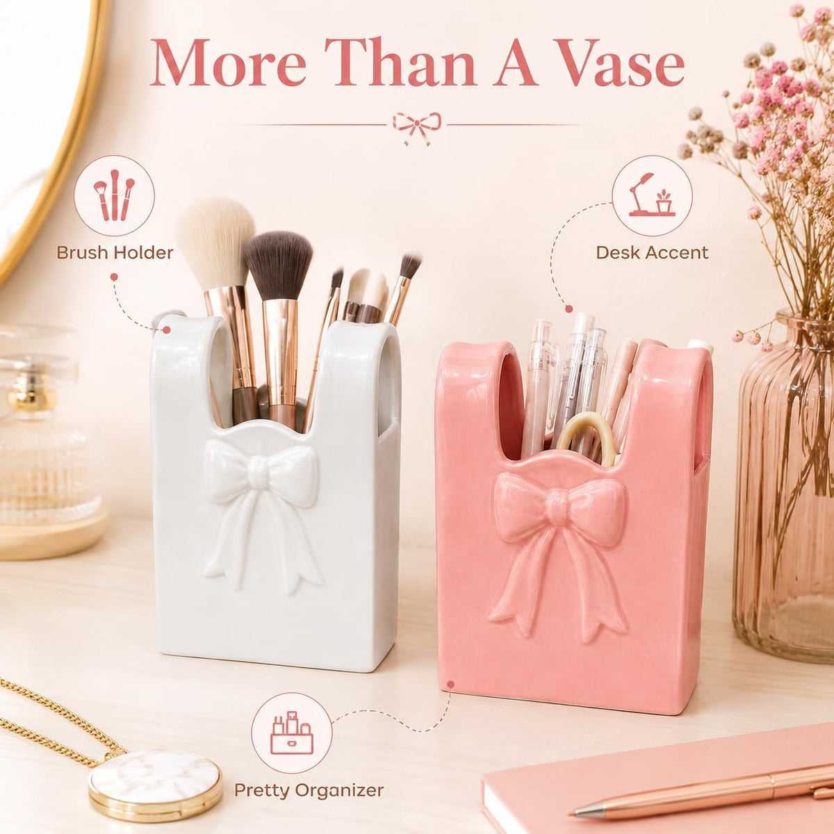 2 Pcs Ceramic Purse Vase Set, 5.5 x 4.3 in Handbag Vase with 3D Bowknot Design, Decorative Ceramic Vases for Home Decor, Pink and White Bow Accent for Office Desktop Bookshelf Wedding Gift