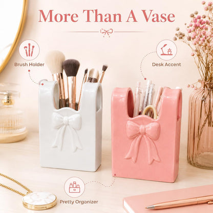 2 Pcs Ceramic Purse Vase Set, 5.5 x 4.3 in Handbag Vase with 3D Bowknot Design, Decorative Ceramic Vases for Home Decor, Pink and White Bow Accent for Office Desktop Bookshelf Wedding Gift