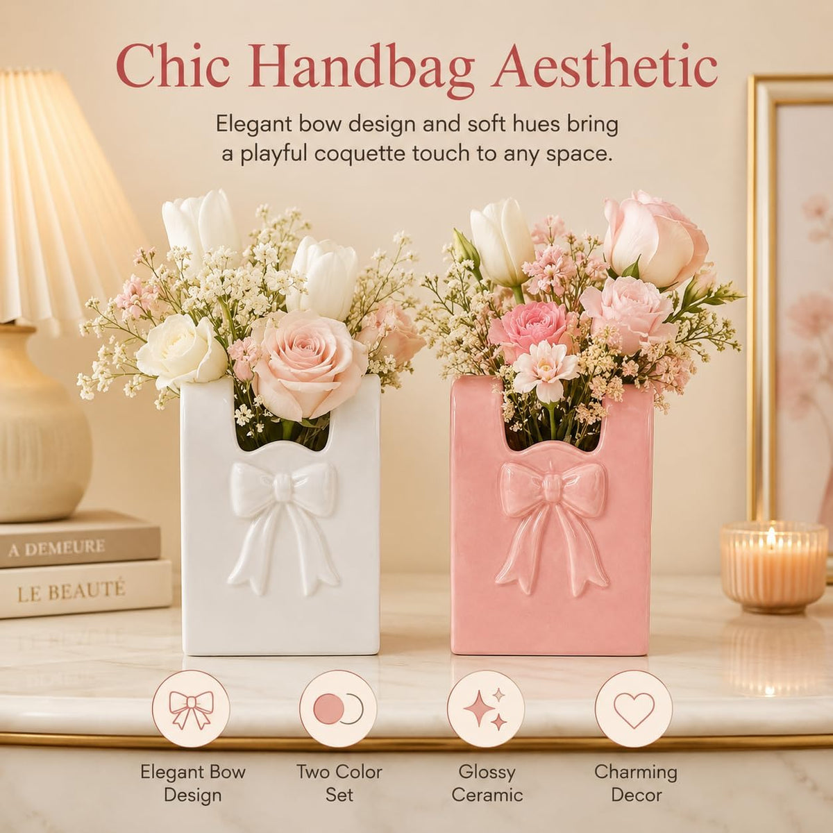 2 Pcs Ceramic Purse Vase Set, 5.5 x 4.3 in Handbag Vase with 3D Bowknot Design, Decorative Ceramic Vases for Home Decor, Pink and White Bow Accent for Office Desktop Bookshelf Wedding Gift