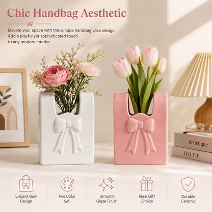 2 Pcs Ceramic Purse Vase Set, 5.5 x 4.3 in Handbag Vase with 3D Bowknot Design, Decorative Ceramic Vases for Home Decor, Pink and White Bow Accent for Office Desktop Bookshelf Wedding Gift