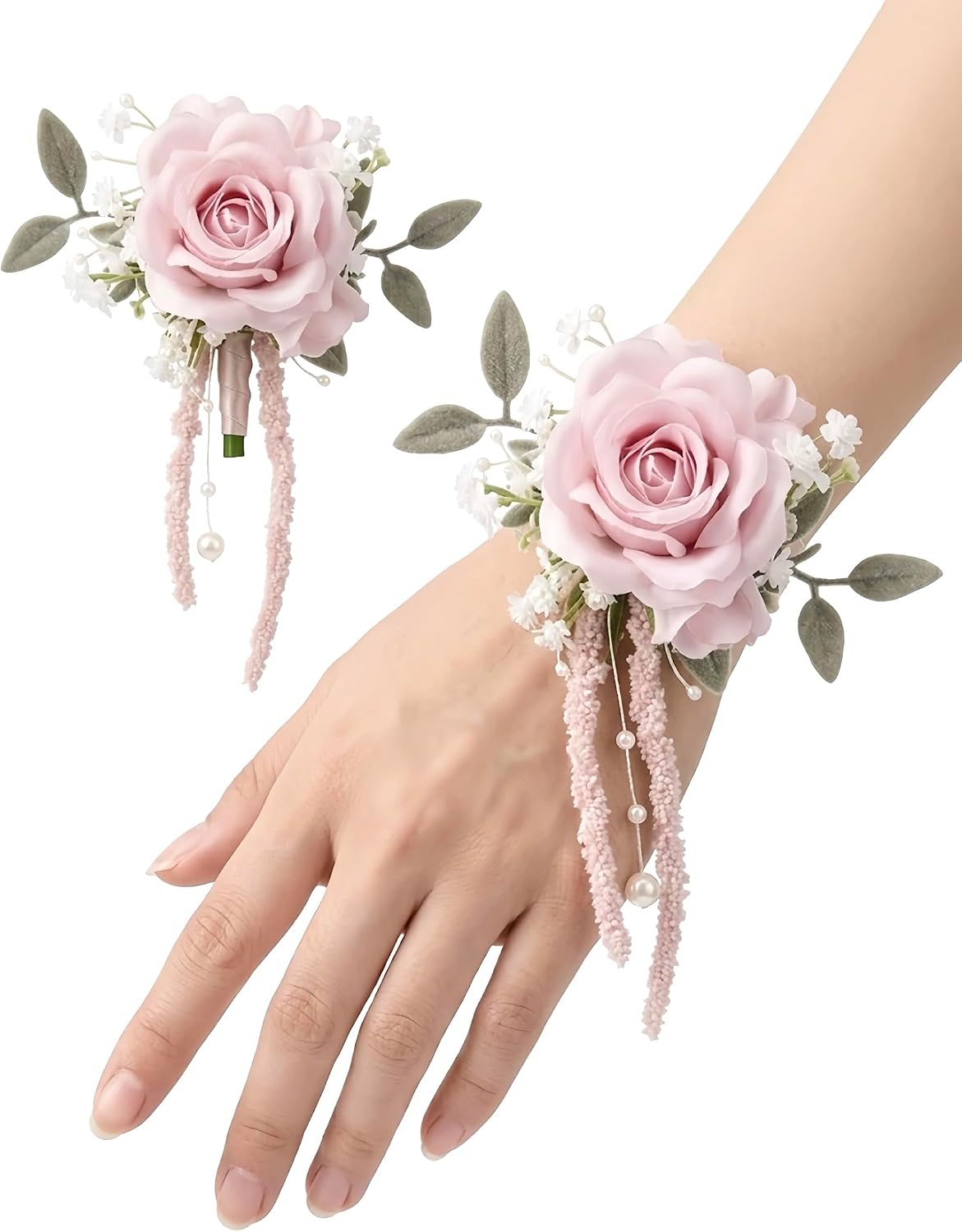 Pink Rose Corsage and Boutonniere, Prom Wrist Corsages and Boutonniere Set for Men Women Party, Wedding Boutonnieres and Corsage Wristlet Kit for Groom Groomsmen Bride Bridesmaid