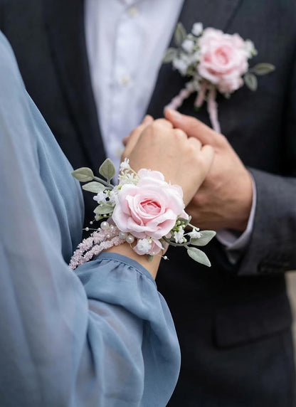 Pink Rose Corsage and Boutonniere, Prom Wrist Corsages and Boutonniere Set for Men Women Party, Wedding Boutonnieres and Corsage Wristlet Kit for Groom Groomsmen Bride Bridesmaid