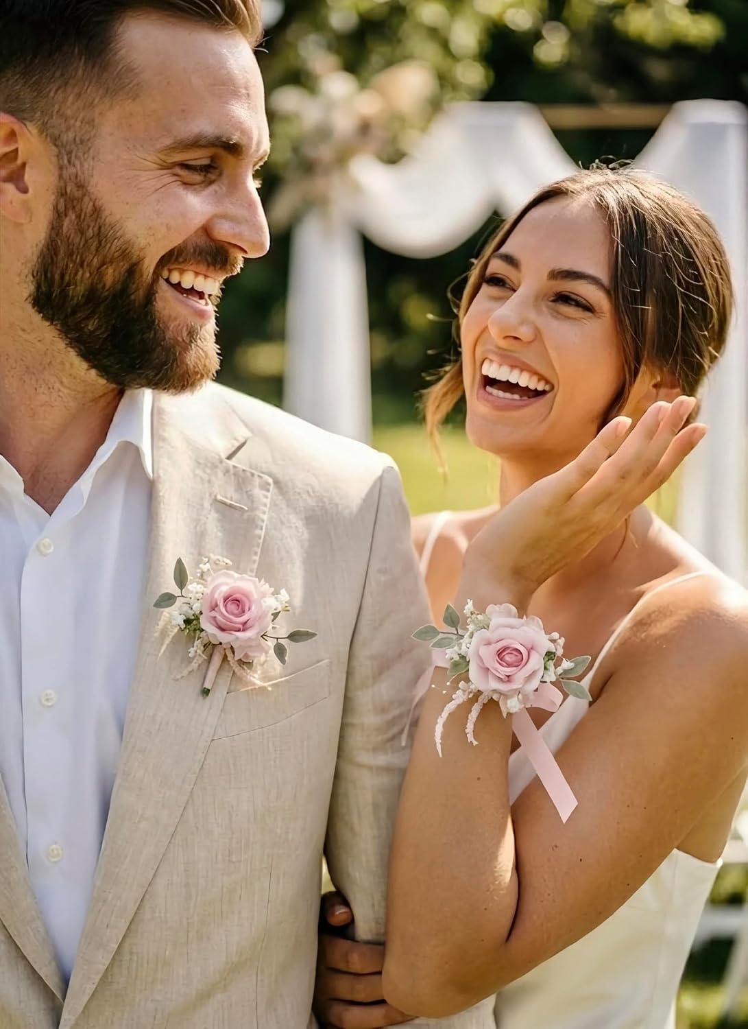Pink Rose Corsage and Boutonniere, Prom Wrist Corsages and Boutonniere Set for Men Women Party, Wedding Boutonnieres and Corsage Wristlet Kit for Groom Groomsmen Bride Bridesmaid