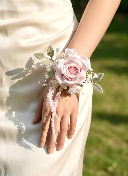 Pink Rose Corsage and Boutonniere, Prom Wrist Corsages and Boutonniere Set for Men Women Party, Wedding Boutonnieres and Corsage Wristlet Kit for Groom Groomsmen Bride Bridesmaid