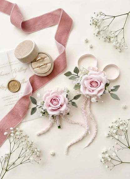 Pink Rose Corsage and Boutonniere, Prom Wrist Corsages and Boutonniere Set for Men Women Party, Wedding Boutonnieres and Corsage Wristlet Kit for Groom Groomsmen Bride Bridesmaid