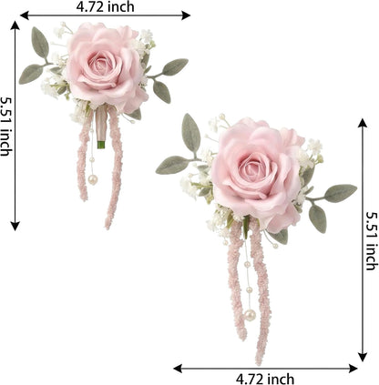 Pink Rose Corsage and Boutonniere, Prom Wrist Corsages and Boutonniere Set for Men Women Party, Wedding Boutonnieres and Corsage Wristlet Kit for Groom Groomsmen Bride Bridesmaid