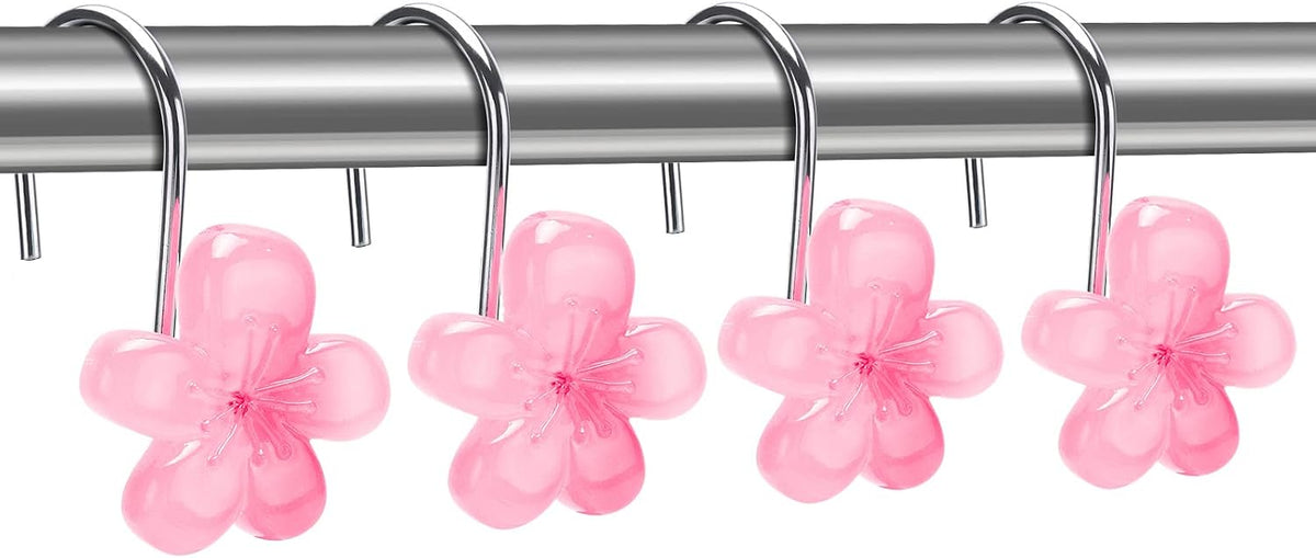 Flower Decorative Shower Curtain Hooks, Glow in The Dark, Set of 12, Pink
