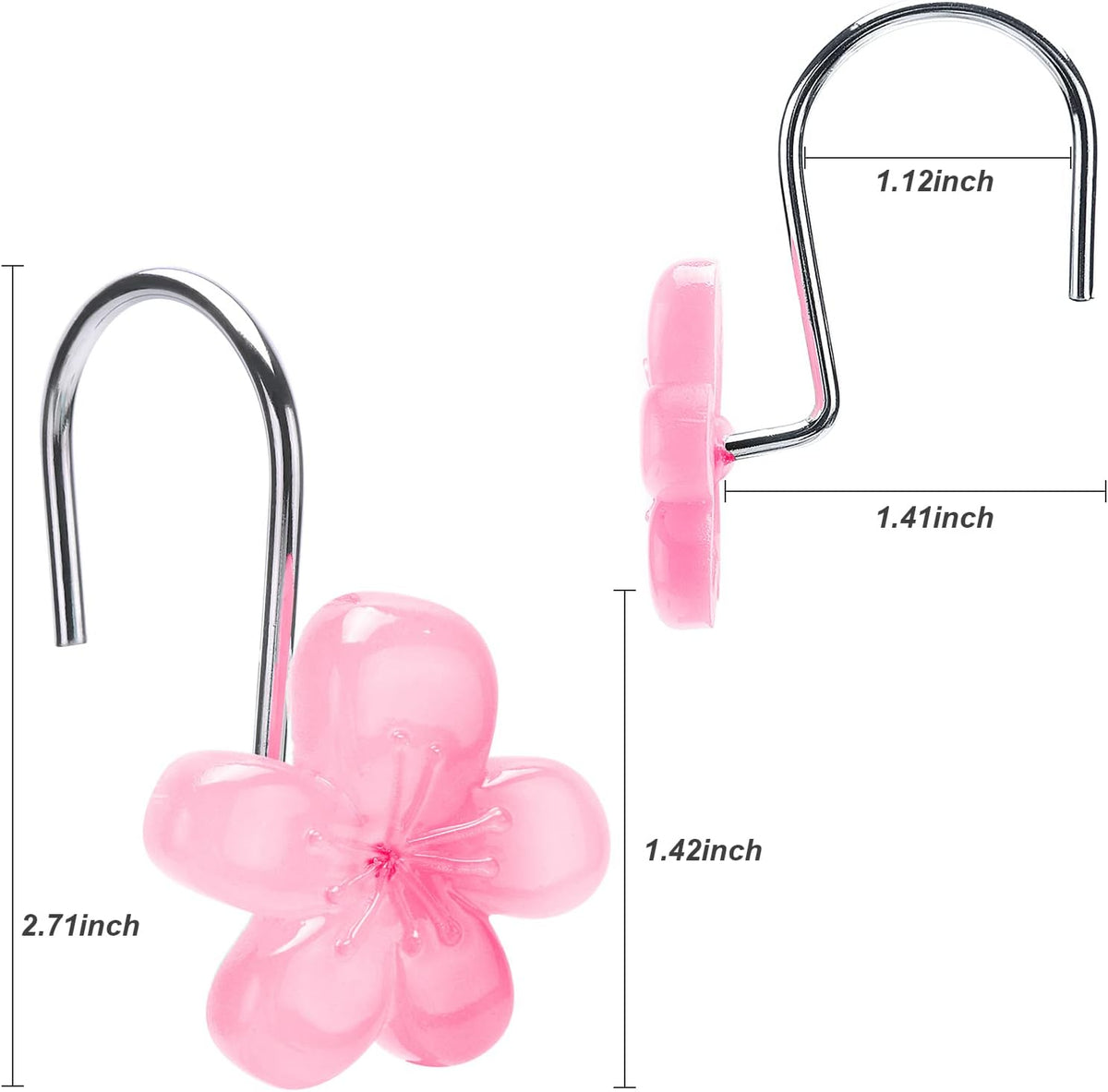 Flower Decorative Shower Curtain Hooks, Glow in The Dark, Set of 12, Pink