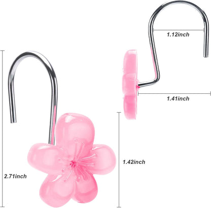 Flower Decorative Shower Curtain Hooks, Glow in The Dark, Set of 12, Pink