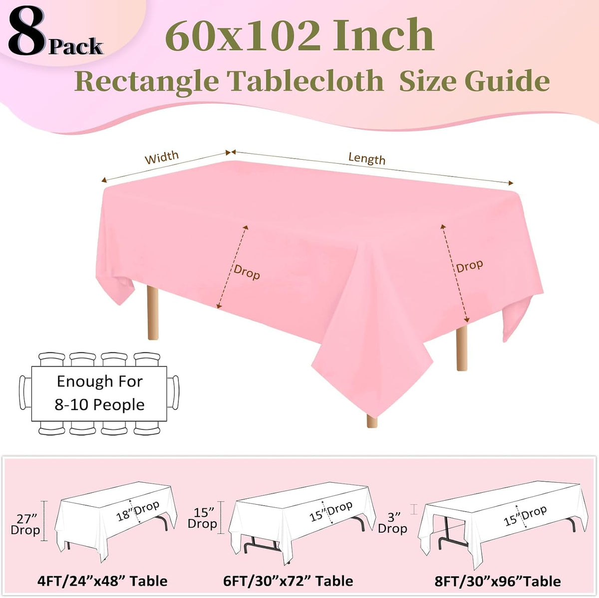 8 Pack 60 x 102 Inch Pink Tablecloth for 6 Foot Rectangle Tables