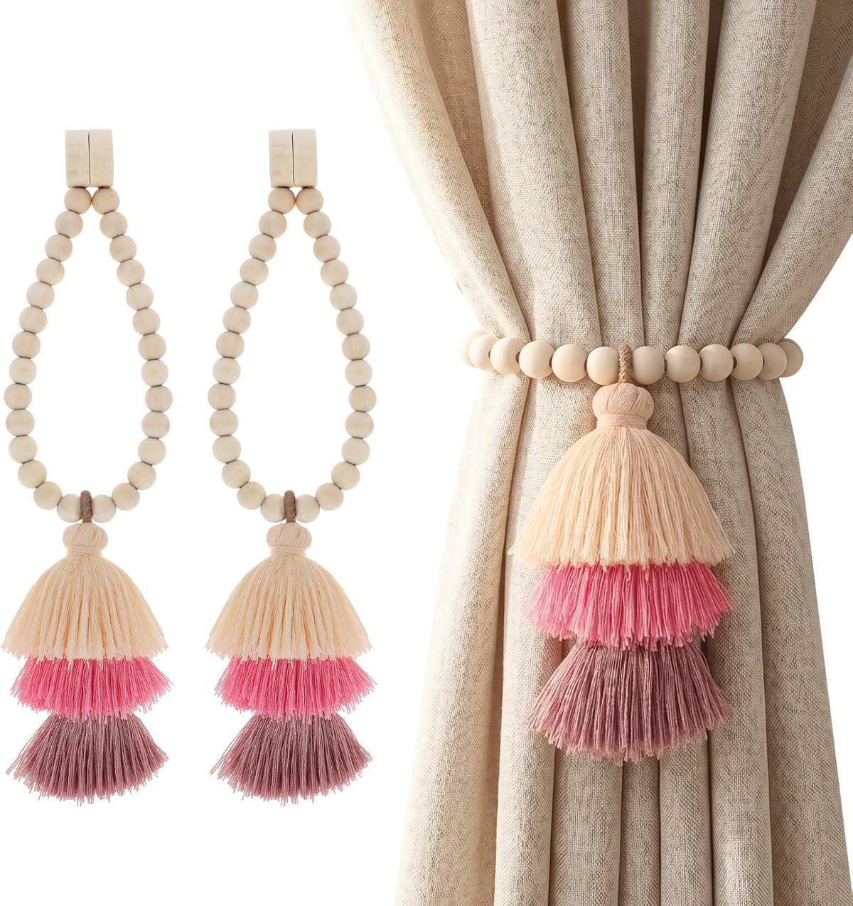 2Pcs Magnetic Curtain Tiebacks with Wood Beads and Triple Tassel,Pink