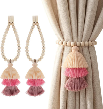 2Pcs Magnetic Curtain Tiebacks with Wood Beads and Triple Tassel,Pink