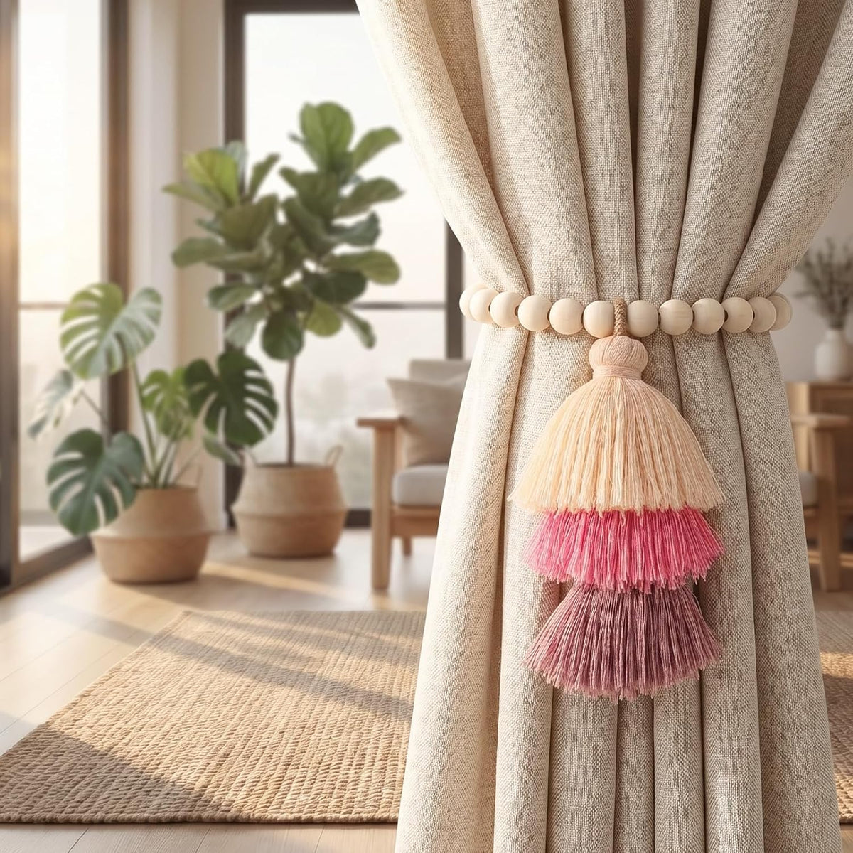 2Pcs Magnetic Curtain Tiebacks with Wood Beads and Triple Tassel,Pink