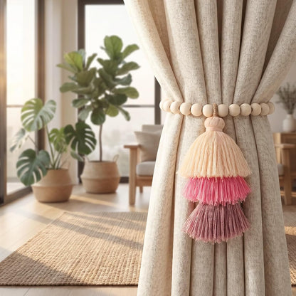 2Pcs Magnetic Curtain Tiebacks with Wood Beads and Triple Tassel,Pink