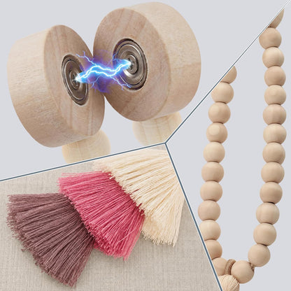 2Pcs Magnetic Curtain Tiebacks with Wood Beads and Triple Tassel,Pink