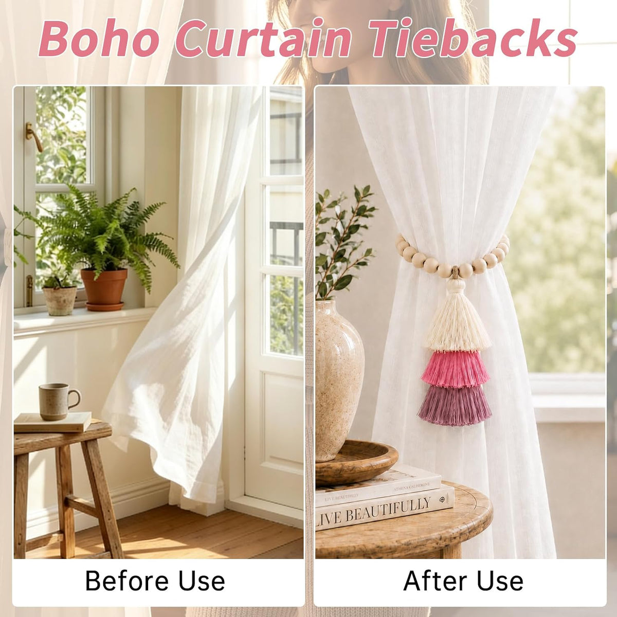 2Pcs Magnetic Curtain Tiebacks with Wood Beads and Triple Tassel,Pink