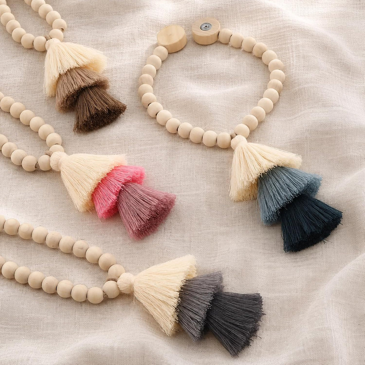 2Pcs Magnetic Curtain Tiebacks with Wood Beads and Triple Tassel,Pink