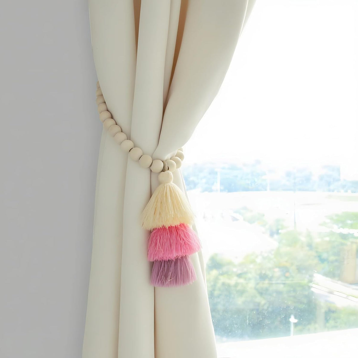 2Pcs Magnetic Curtain Tiebacks with Wood Beads and Triple Tassel,Pink