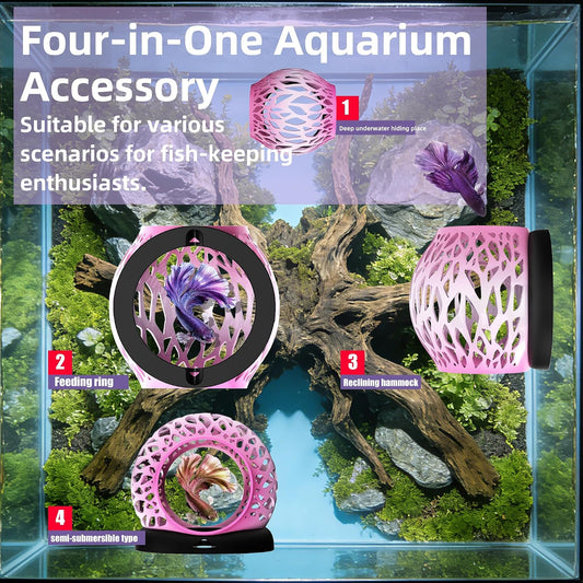 Floating Betta Hideout Cave & Shrimp Cave | Aquarium Floating Betta Skin |Shrimp Feeder | Multi-Function Resting Hideout Hammock & Small Fish Feeding Ring | Aquarium Decor Accessory (Pink)