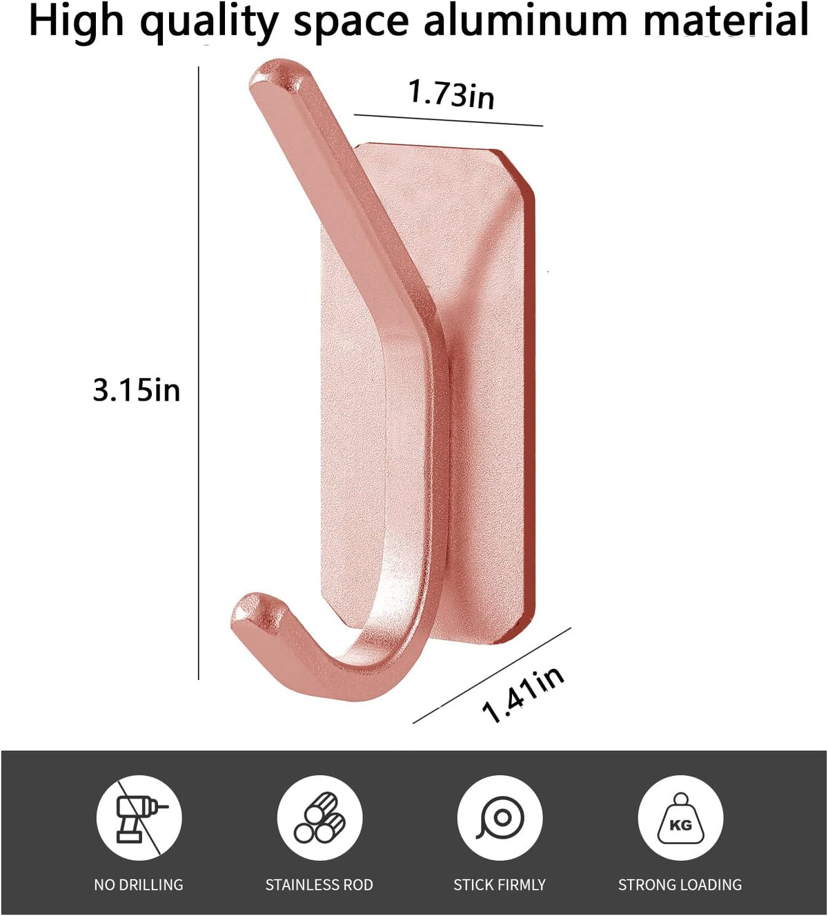 Heavy Duty Adhesive Wall Hooks, 30 lb Max Load Waterproof Hooks for Bathroom Towels Coats Bags, No Drill Damage-Free for Renters Apartment Dorm, Rose Gold, 4 Pack