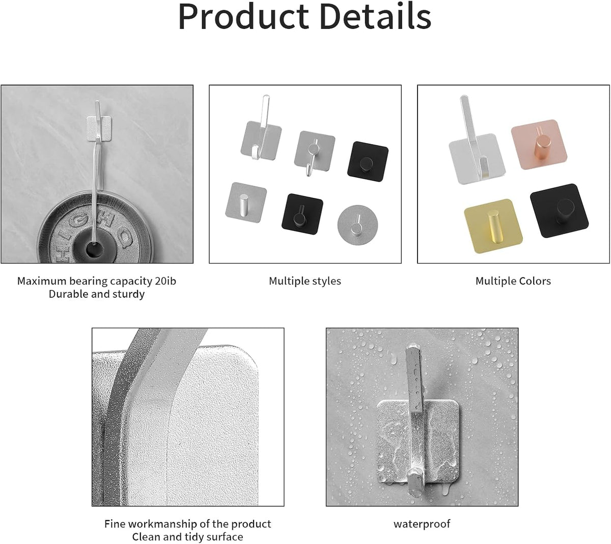 Heavy Duty Adhesive Wall Hooks, 30 lb Max Load Waterproof Hooks for Bathroom Towels Coats Bags, No Drill Damage-Free for Renters Apartment Dorm, Rose Gold, 4 Pack