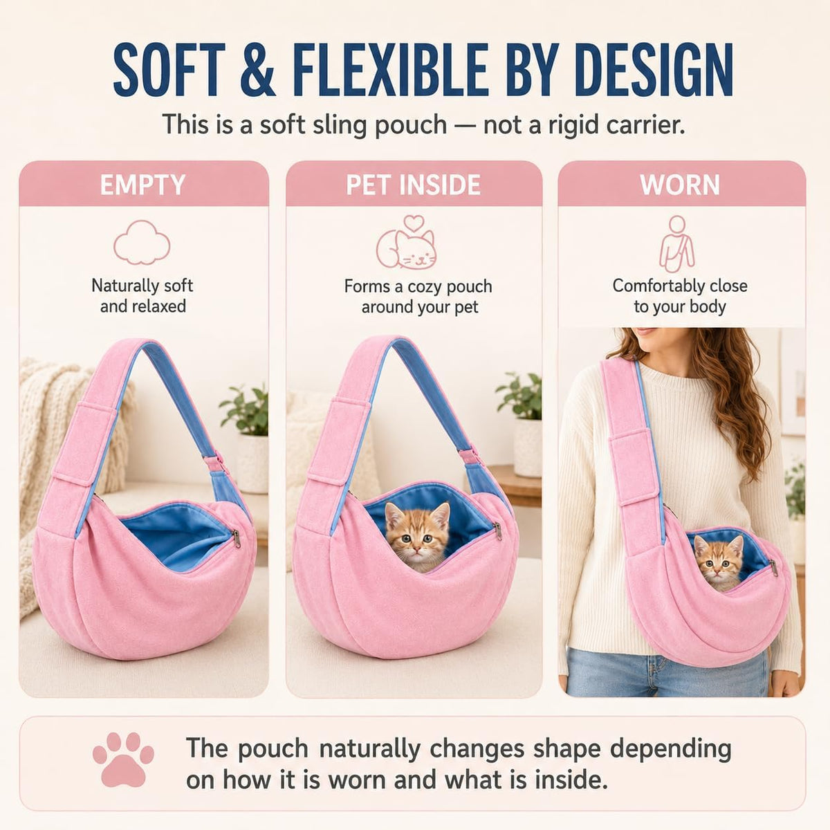 Cat Sling Carrier for Cats and Kittens, Soft Fleece Pet Sling Carrier Bag with Adjustable Shoulder Strap, Hands-Free Puppy and Small Dog Carrier Sling Travel Pouch for Small Pets Under 10 lbs, Pink