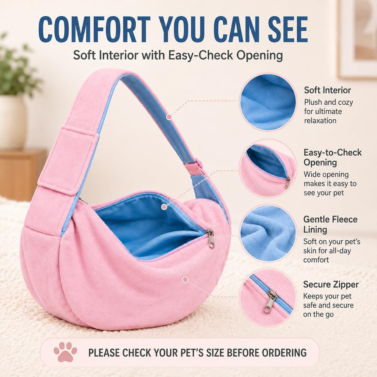 Cat Sling Carrier for Cats and Kittens, Soft Fleece Pet Sling Carrier Bag with Adjustable Shoulder Strap, Hands-Free Puppy and Small Dog Carrier Sling Travel Pouch for Small Pets Under 10 lbs, Pink