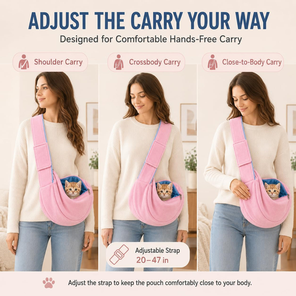 Cat Sling Carrier for Cats and Kittens, Soft Fleece Pet Sling Carrier Bag with Adjustable Shoulder Strap, Hands-Free Puppy and Small Dog Carrier Sling Travel Pouch for Small Pets Under 10 lbs, Pink