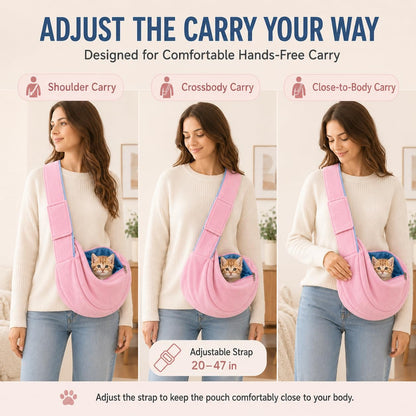 Cat Sling Carrier for Cats and Kittens, Soft Fleece Pet Sling Carrier Bag with Adjustable Shoulder Strap, Hands-Free Puppy and Small Dog Carrier Sling Travel Pouch for Small Pets Under 10 lbs, Pink