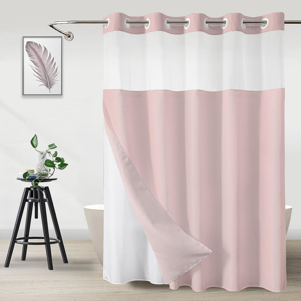 No Hook Shower Curtain and Liner Set, Blush Pink, 71" x 74"