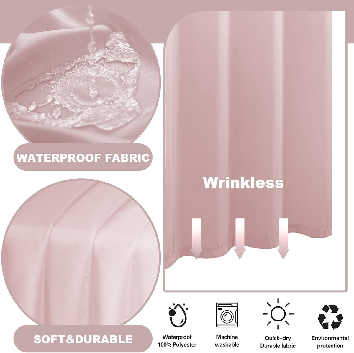 No Hook Shower Curtain and Liner Set, Blush Pink, 71" x 74"