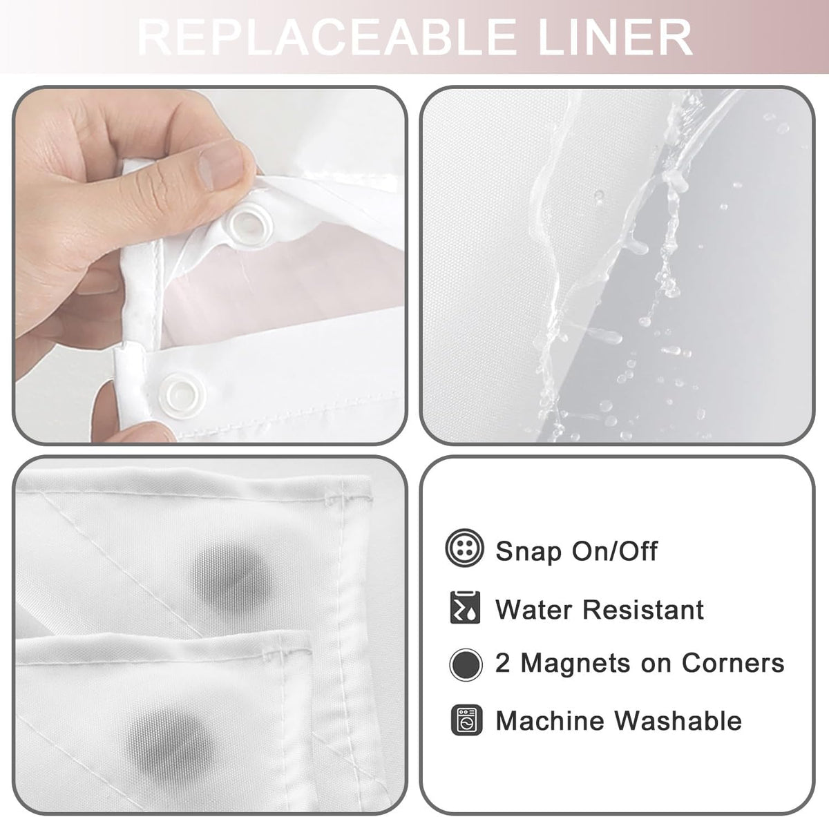 No Hook Shower Curtain and Liner Set, Blush Pink, 71" x 74"